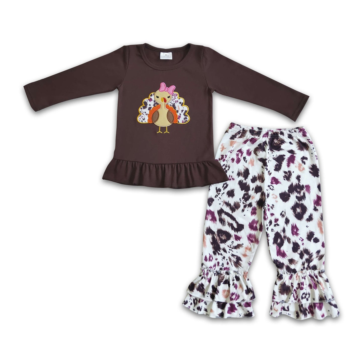 Brown cotton turkey embroidery girls Thanksgiving clothes