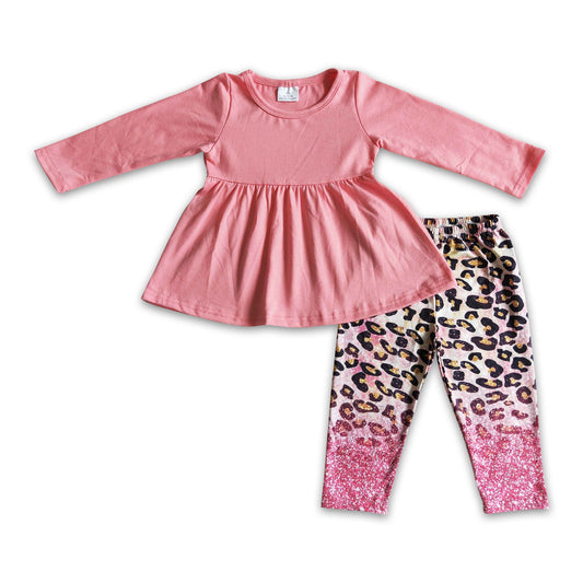 Pink tunic leopard leggings girls fall clothing set