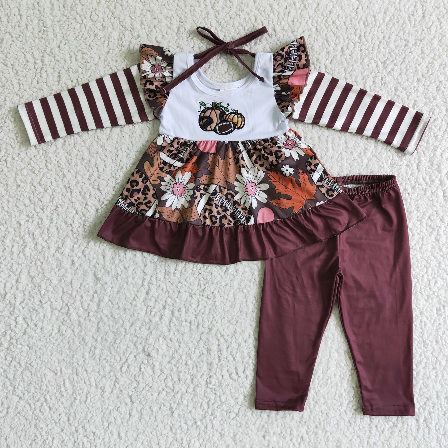 Pumpkin football embroidery tunic set girls fall clothes