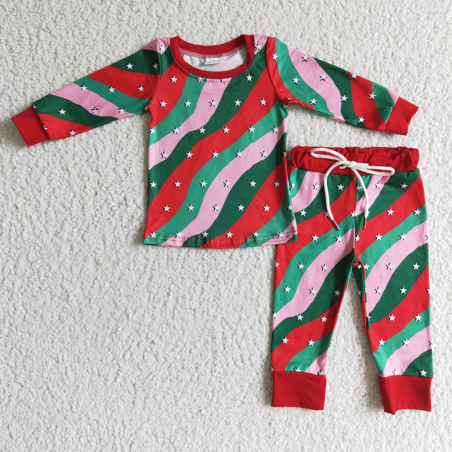 Red green pink stars baby kids Christmas pajamas