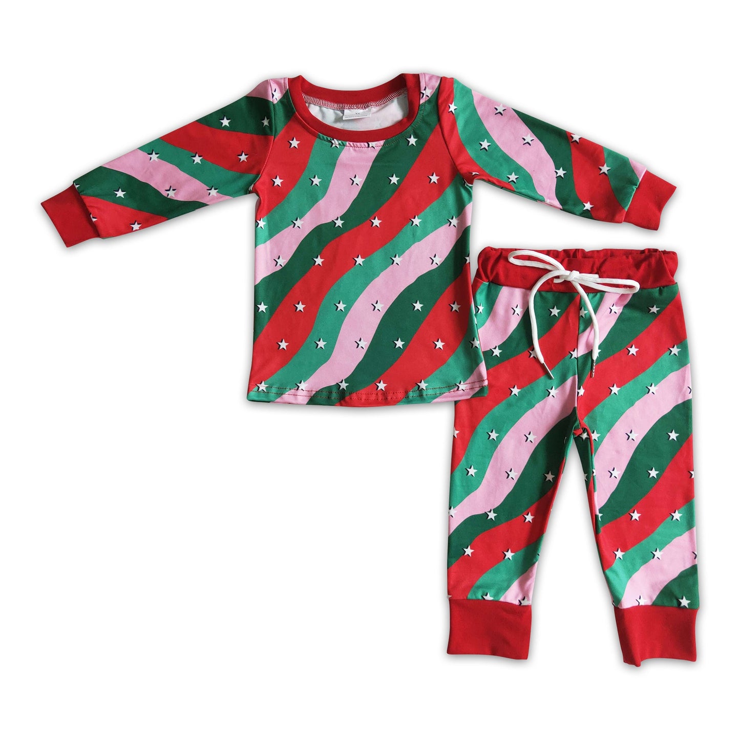 Red green pink stars baby kids Christmas pajamas