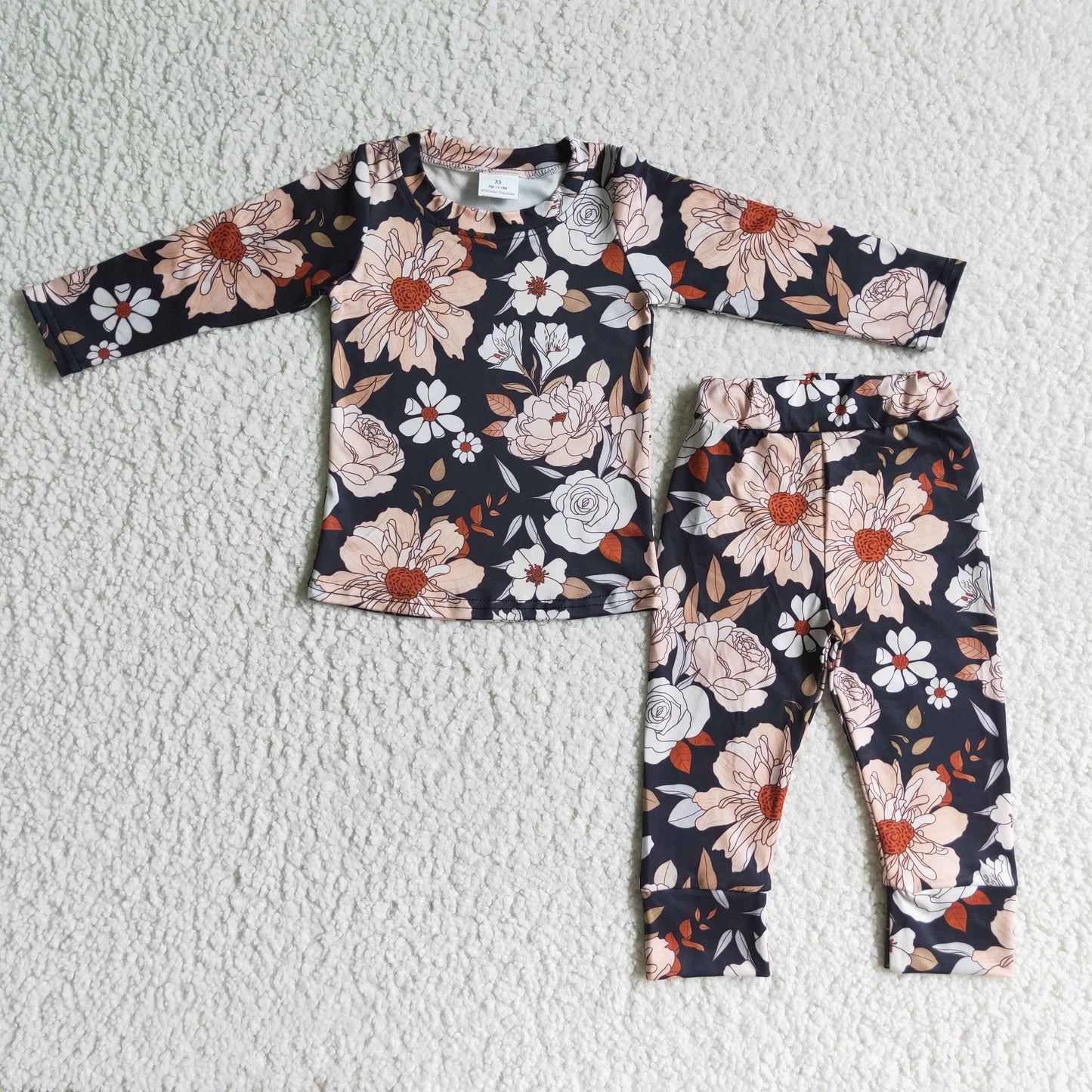 Black floral long sleeve girls fall pajamas