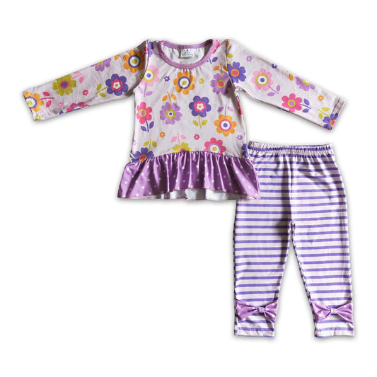 Floral shirt lavender stripes leggings girls clothing set