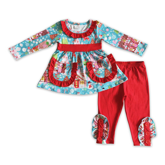 Gingerbread candy house tunic red leggings girls Christmas clothes