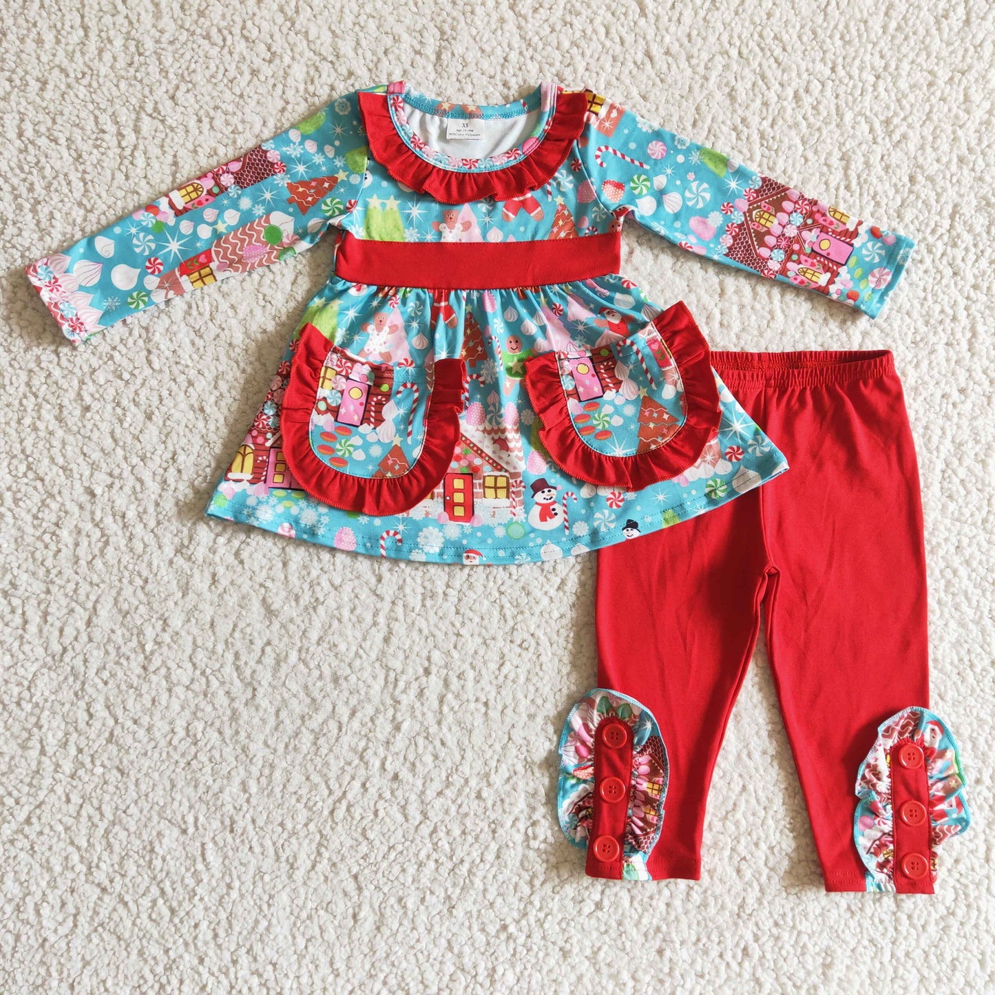 Gingerbread candy house tunic red leggings girls Christmas clothes