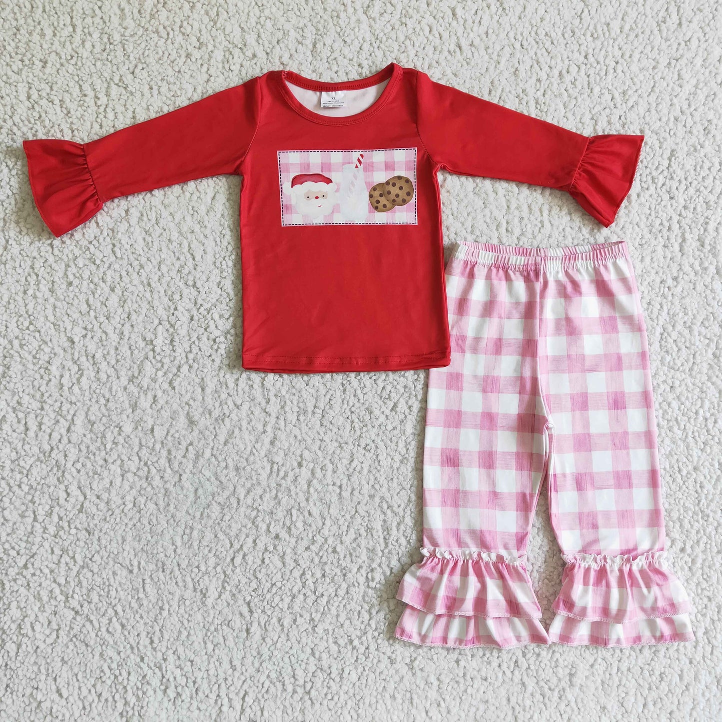 Santa milk biscuit shirt plaid ruffle pants girls Christmas clothes