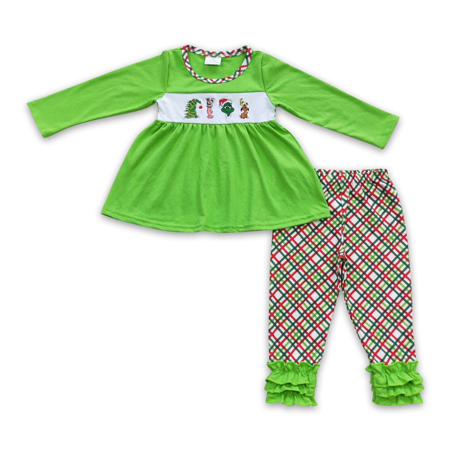 Green face embroidery tunic leggings girls Christmas outfits