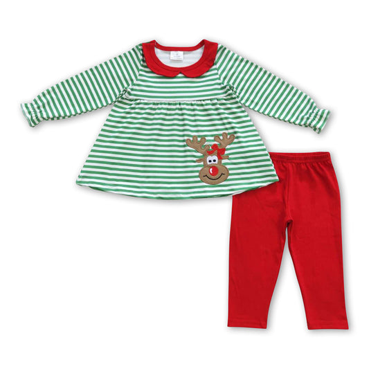 Reindeer green stripe shirt red leggings girls Christmas outfits