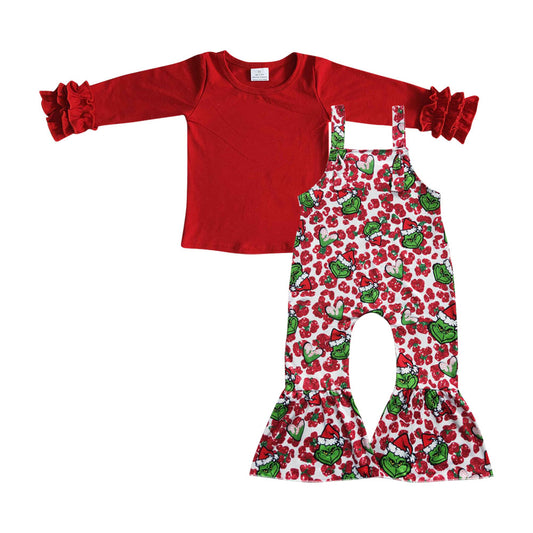 Red top green face jumpsuit kids girls Christmas outfits