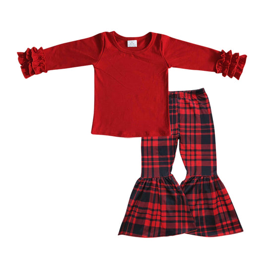 Red icing ruffle top buffalo plaid pants girls Christmas outfits