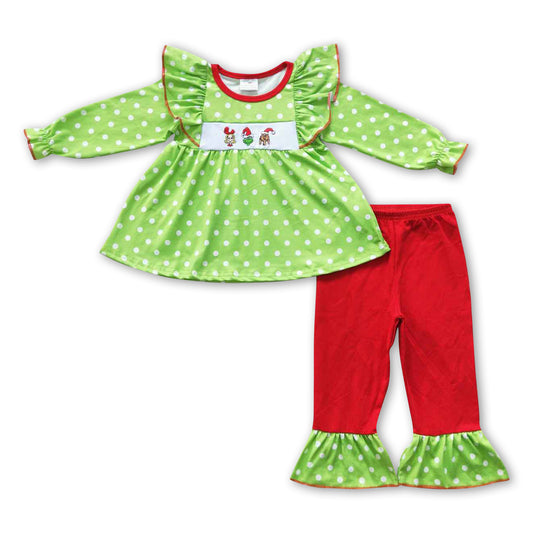 Green face polka dots tunic ruffle pants girls Christmas clothes