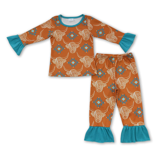 Highland cow aztec long sleeves girls pajamas