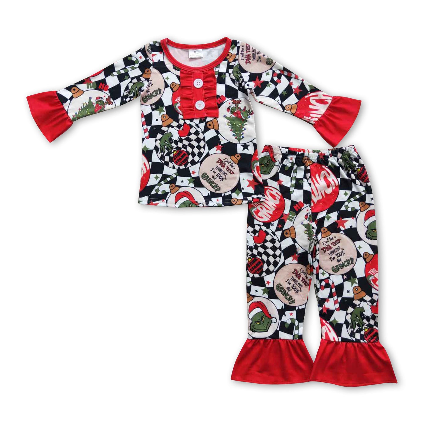 Green face jingle bell girls Christmas pajamas