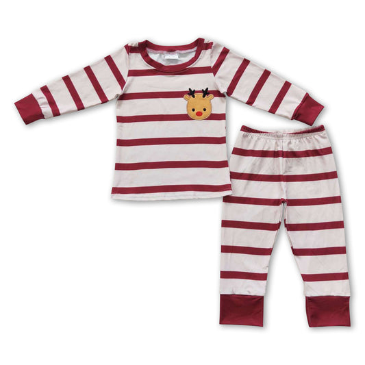 Reindeer embroidery red stripe kids girls Christmas pajamas