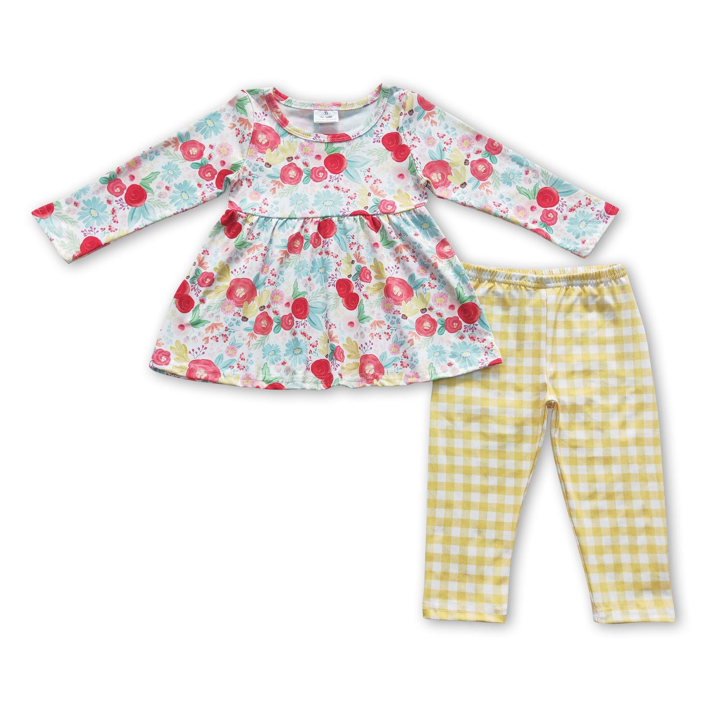 Floral tunic yellow plaid leggings girls clothing set