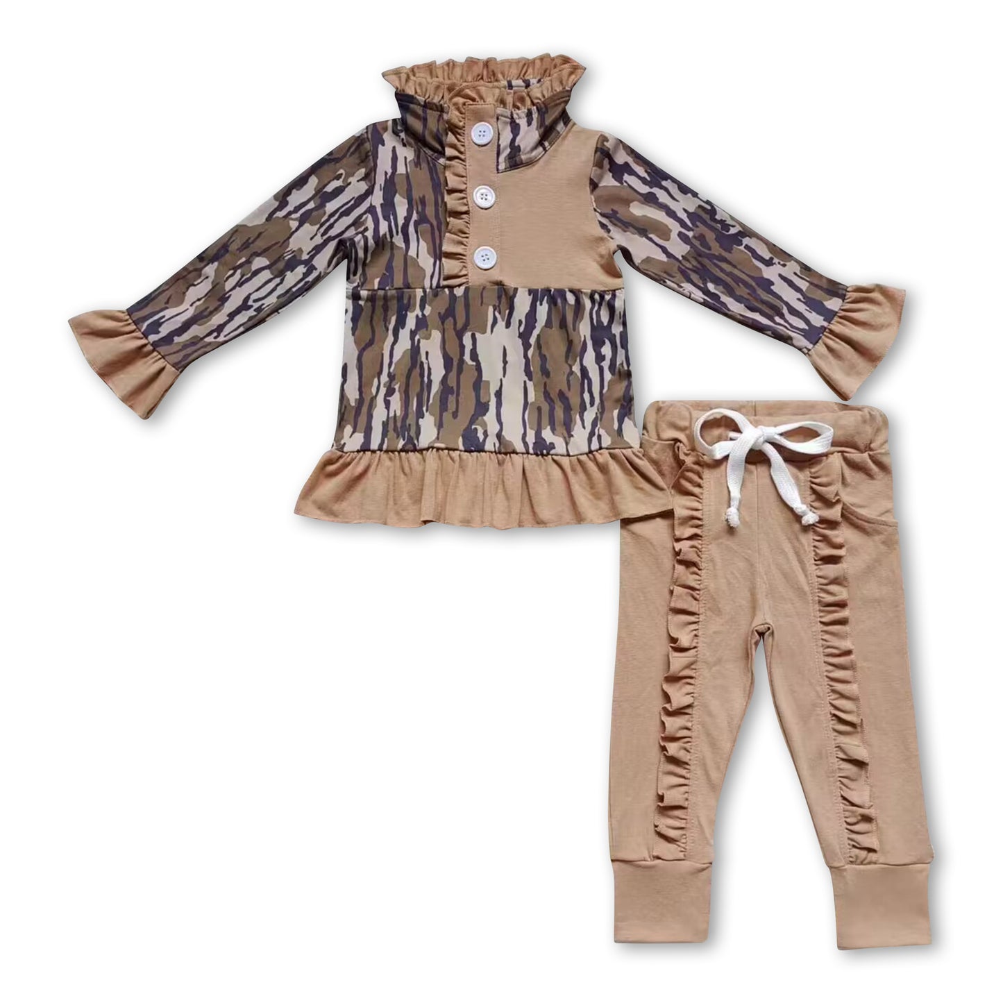 Camo ruffle pullover pants kids girls clothing set