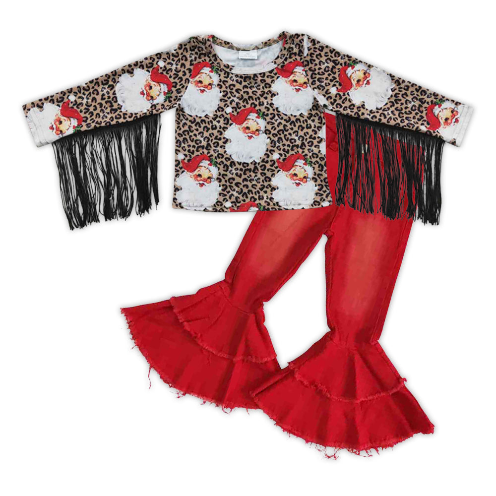 Leopard santa tassels shirt jeans girls Christmas outfits