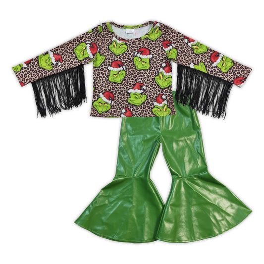 Green face tassels shirt leather pants girls Christmas set