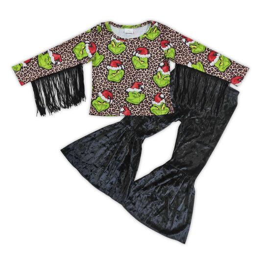 Green face tassels black velvet pants girls Christmas clothes