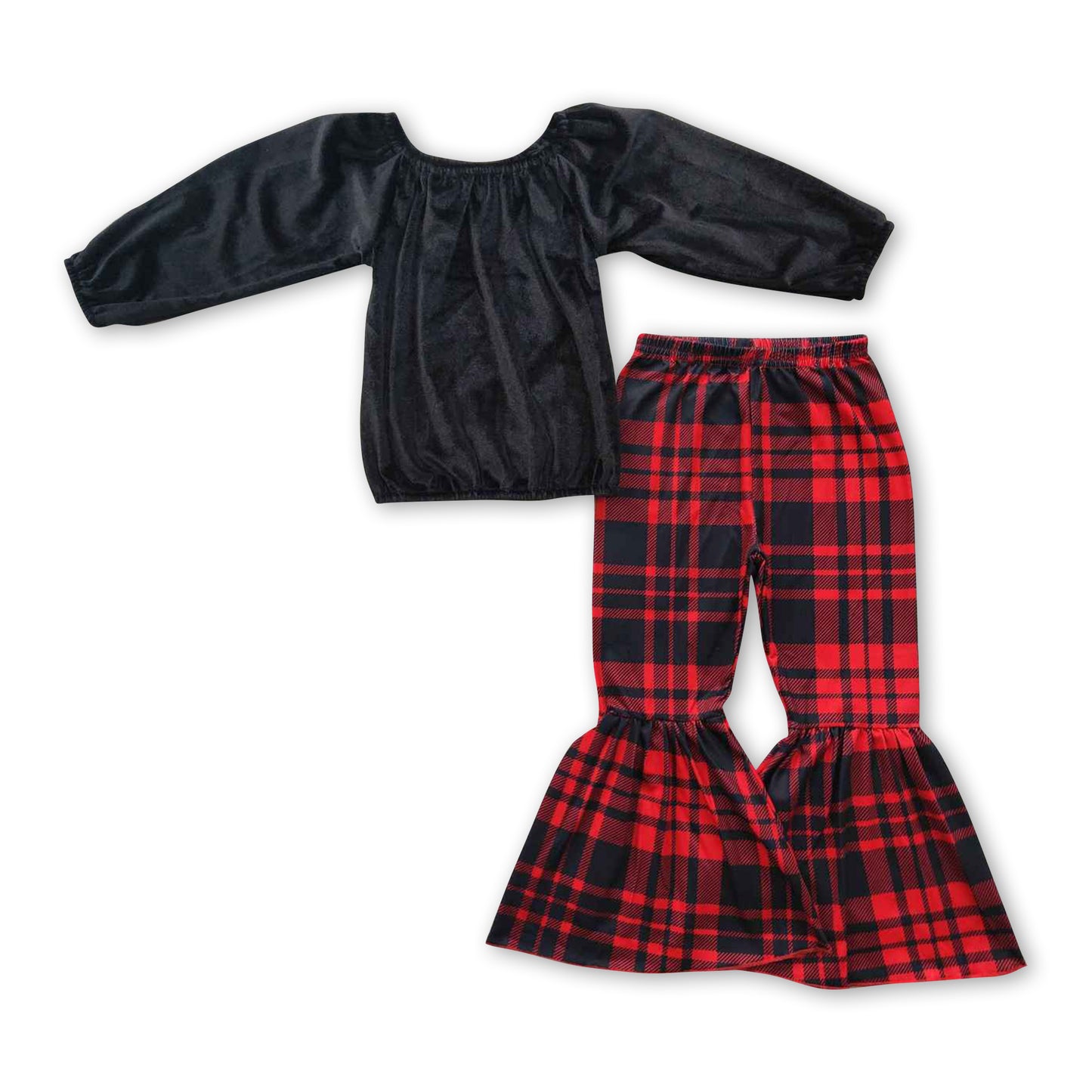 Black velvet top buffalo pants girls Christmas outfits