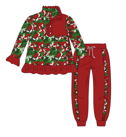 Green red deer pullover ruffle pants girls Christmas clothes