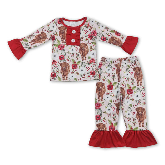 Red floral highland cow long sleeves girls Christmas pajamas