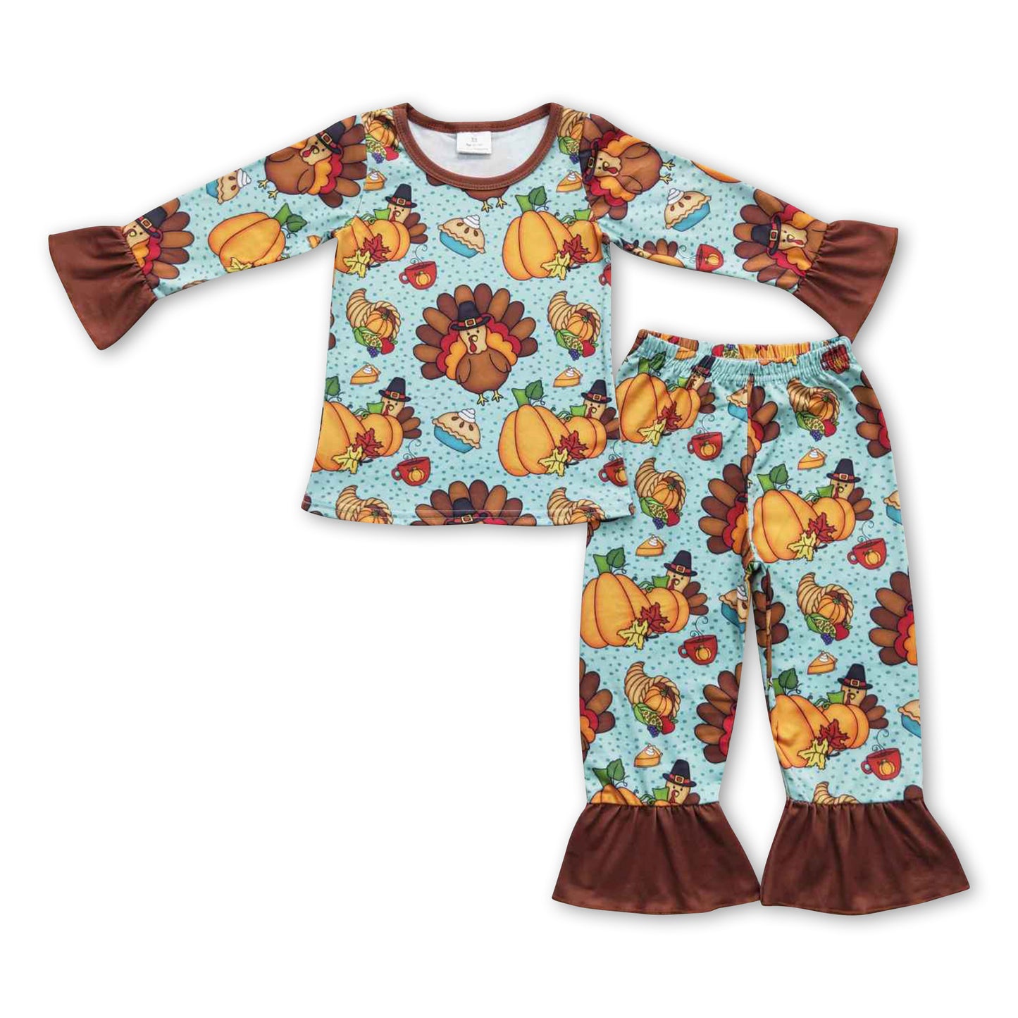 Turkey pumpkin top pants girls Thanksgiving pajamas