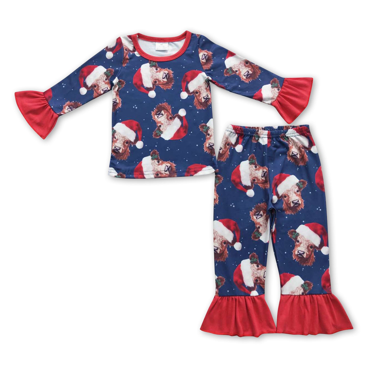 Red Christmas hat highland cow girls pajamas