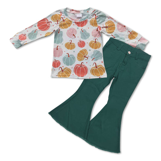 Pumpkin long sleeves shirt green jeans girls fall clothes