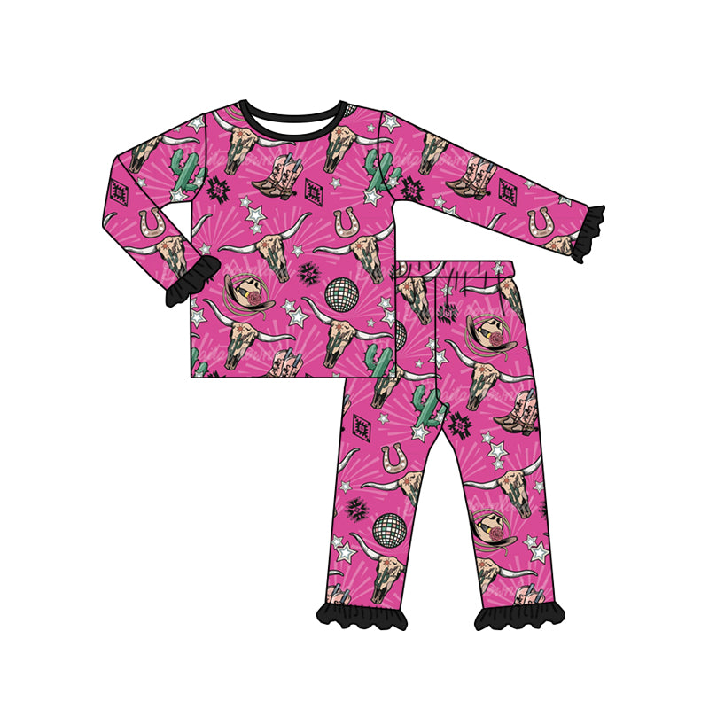 Hot pink bull skull cactus western girls pajamas