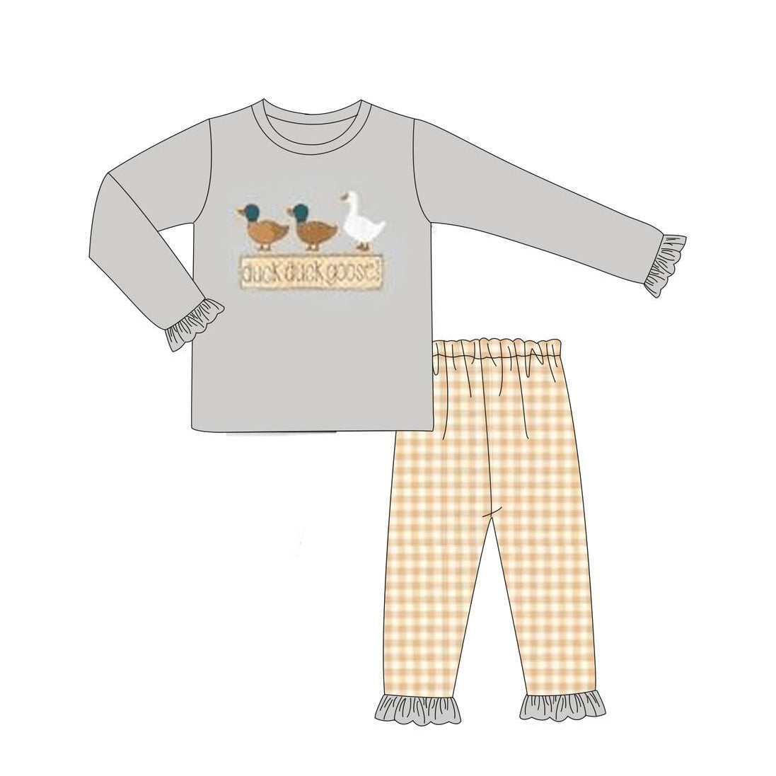 Duck goose grey top yellow plaid pants girls pajamas