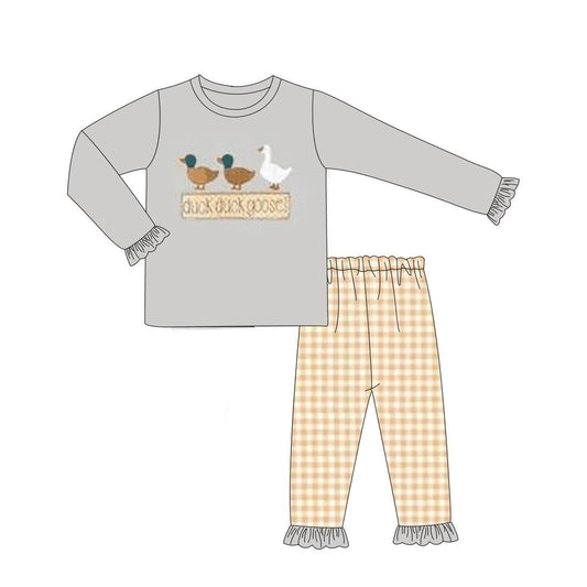 Duck goose grey top yellow plaid pants girls pajamas