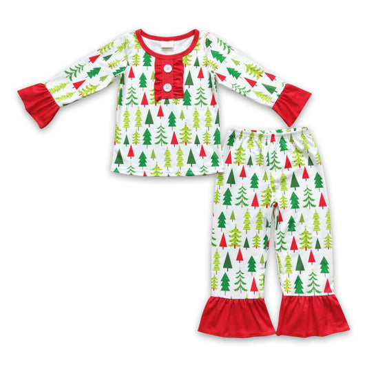 Christmas tree long sleeves ruffle baby girls pajamas