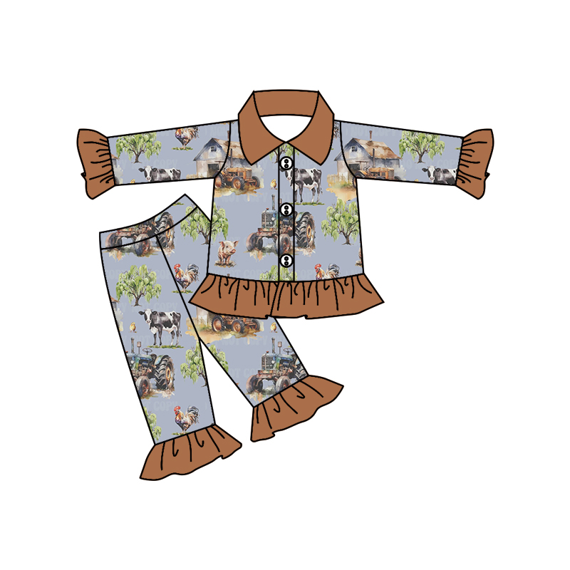 Brown tractor chicken cow pig girls farm pajamas