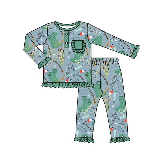 fishing pocket ruffle long sleeves girls pajamas