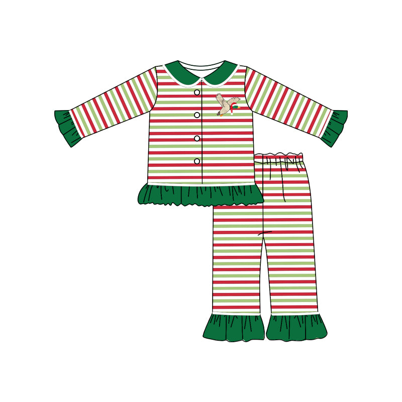 Duck green red stripe kids girls Christmas pajamas