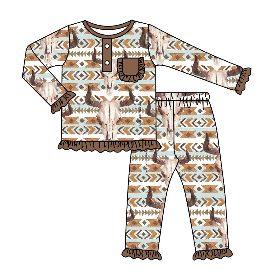 Brown pockets bull skull western girls pajamas