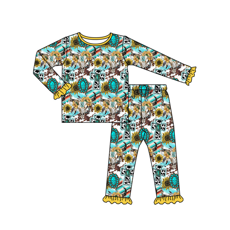 Bull skull sunflower turquoise girls western pajamas