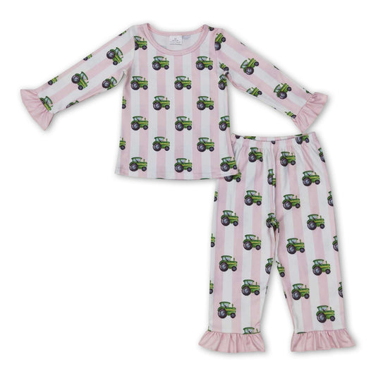 Pink stripe tractor girls farm pajamas