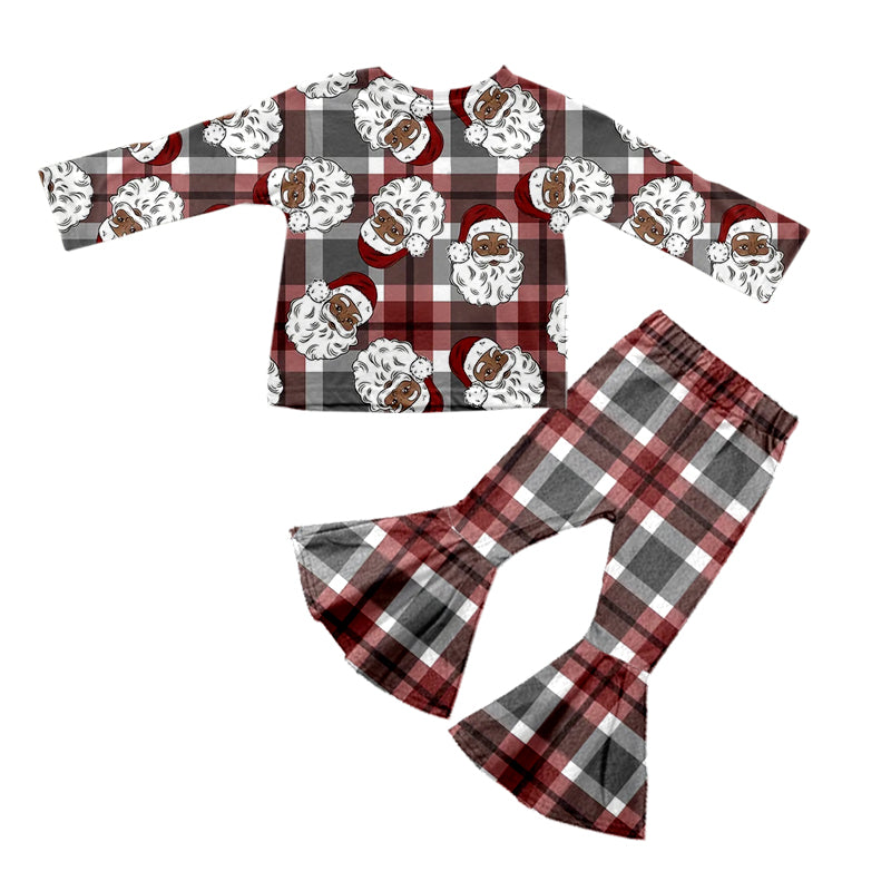 Plaid black santa top pants kids girls Christmas outfits