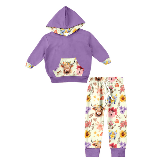 Lavender hoodie highland cow floral pants girls clothes