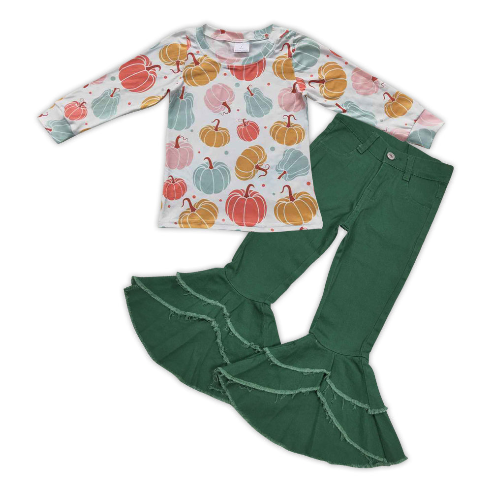 Pumpkin long sleeves shirt green ruffle jeans girls fall clothes