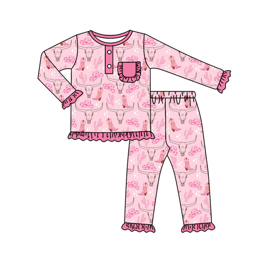 Pink boots hat cactus pocket girls western pajamas