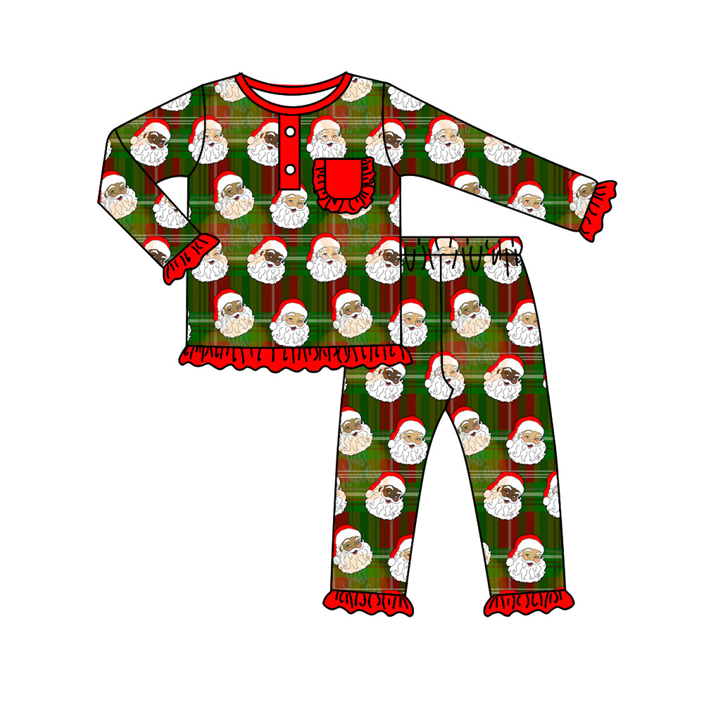 Green plaid santa pockets girls Christmas pajamas