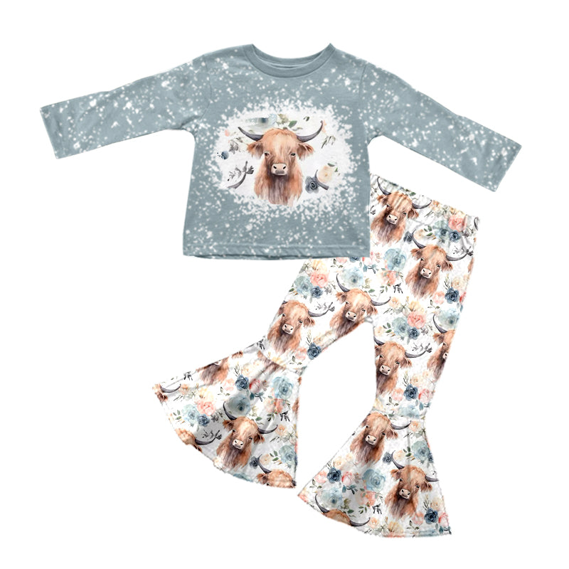 Long sleeves highland cow floral western girls clothing set