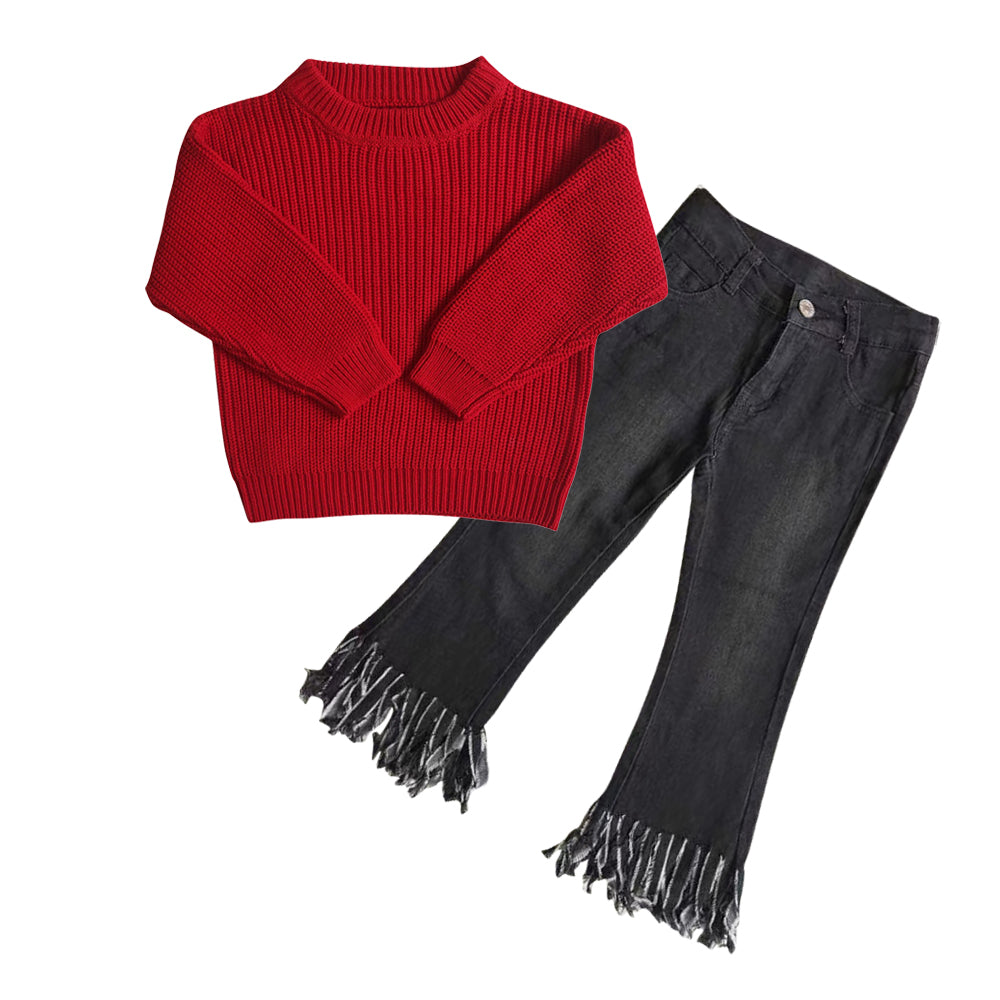 Red sweater blue black tassels jeans kids girls clothes