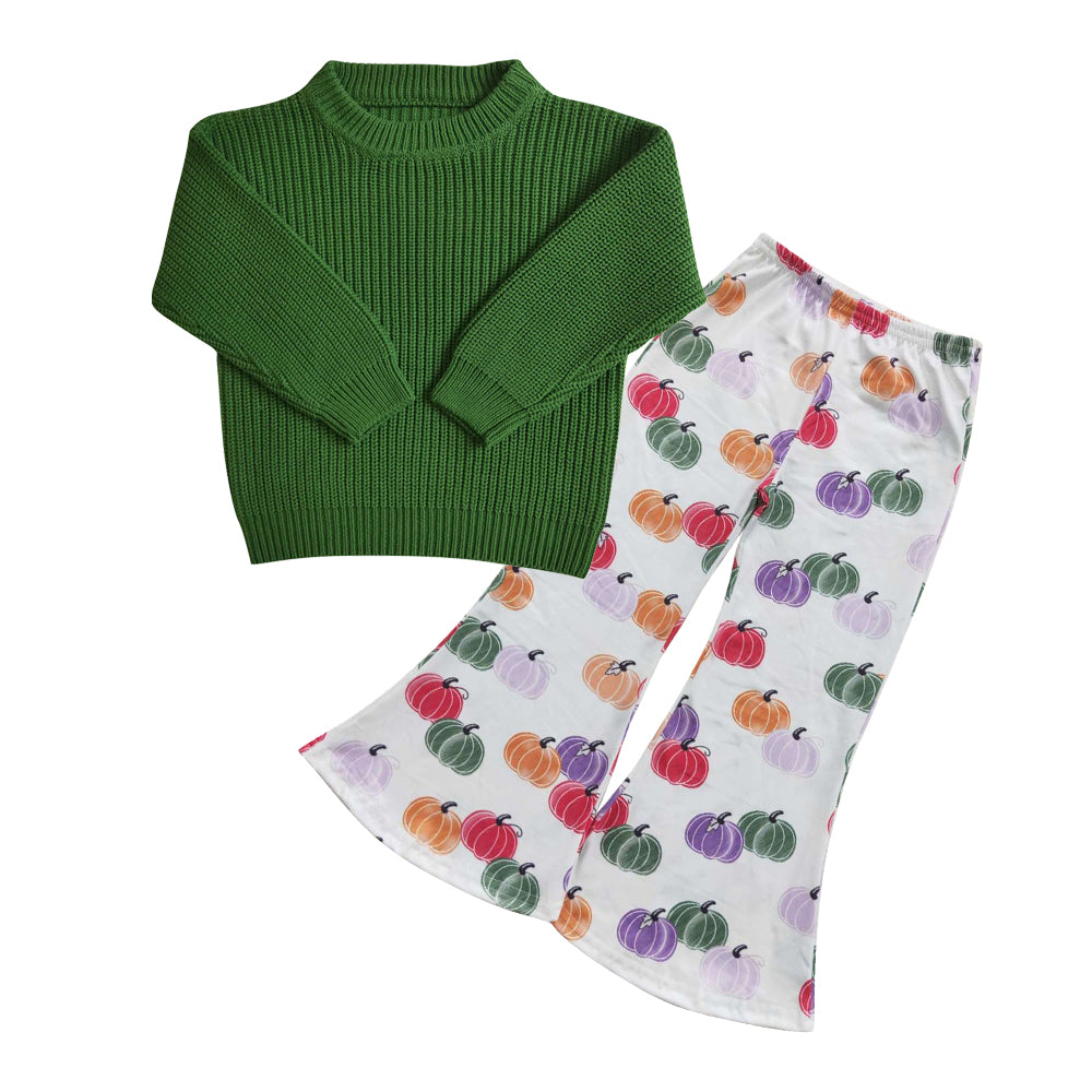 Green sweater pumpkin pants kids girls fall clothes