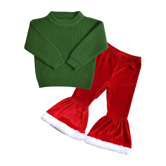 Green sweater red velvet pants kids girls Christmas clothes