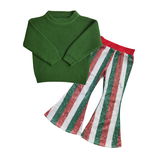 Green sweater stripe sequin pants kids girls Christmas clothes