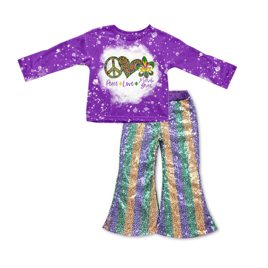 Peac love mardi gras top sequin pants girls clothing set